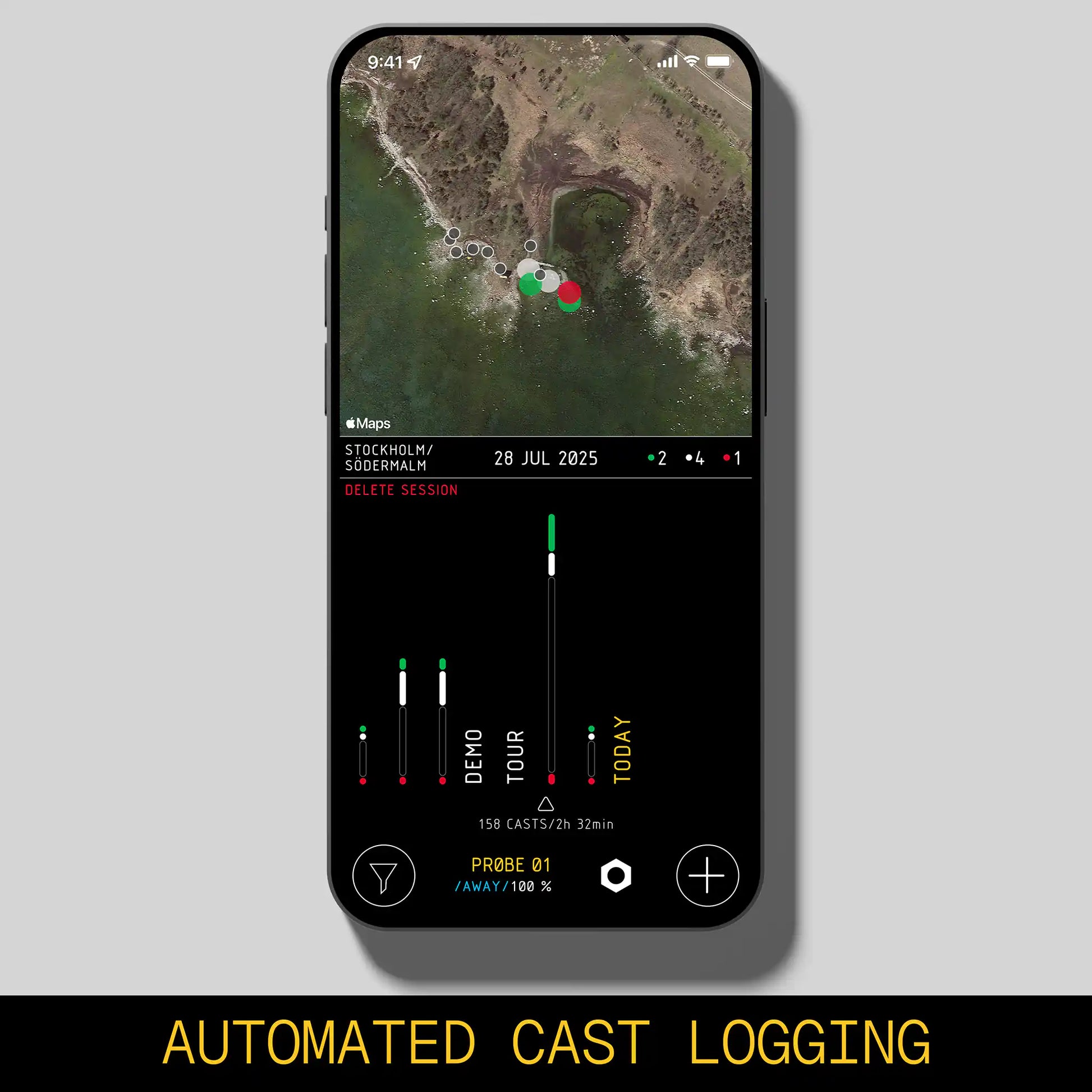 Phone displaying satellite imagery with 'Automated Cast Logging' text at the bottom.