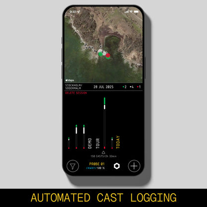 Phone displaying satellite imagery with 'Automated Cast Logging' text at the bottom.