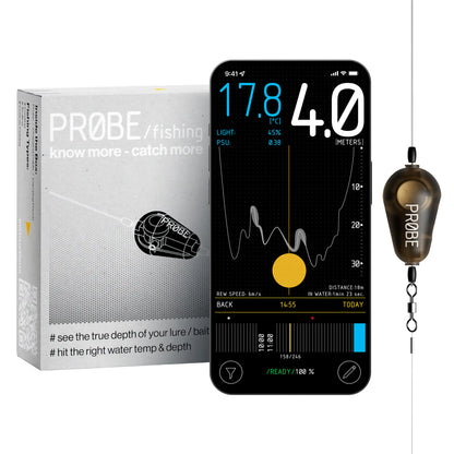 PROBE Fishing Sensor next to smartphone and packaging